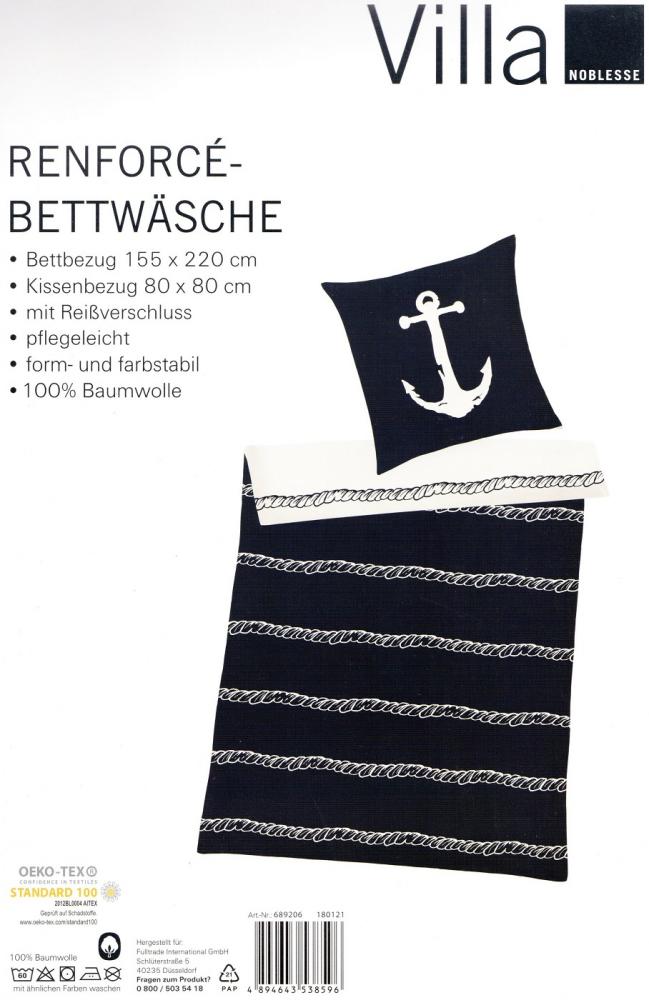 Bettwäsche Maritim - Anker dunkelblau /weiß - 155x 220cm - Baumwolle - Übergröße